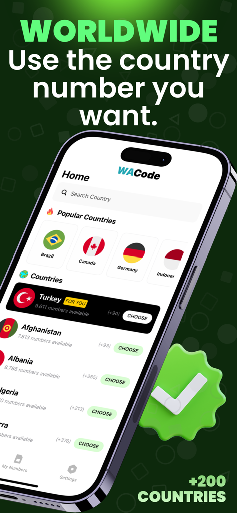 Interface do aplicativo Número de Telefone Virtual para SMS mostrando seleção de países para números virtuais de mais de 200 países.