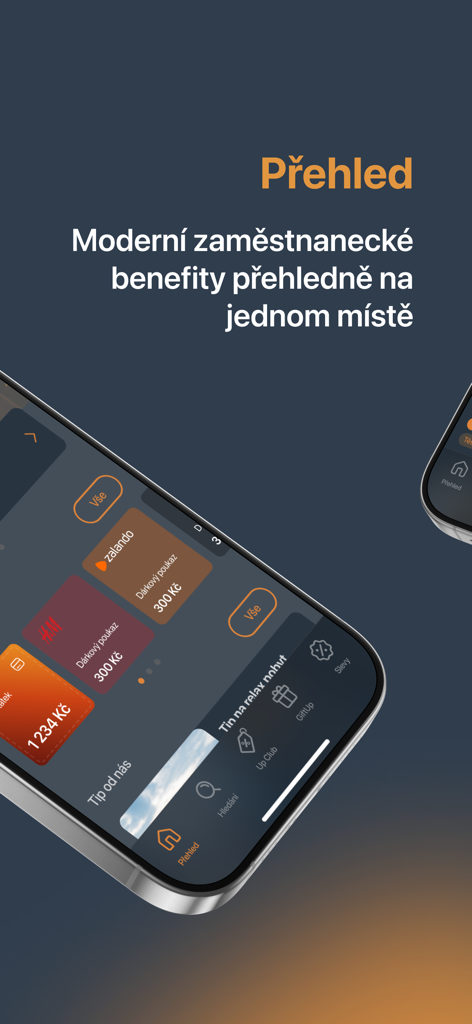 Tela do aplicativo Muj Up mostrando benefícios digitais de funcionário e vales.