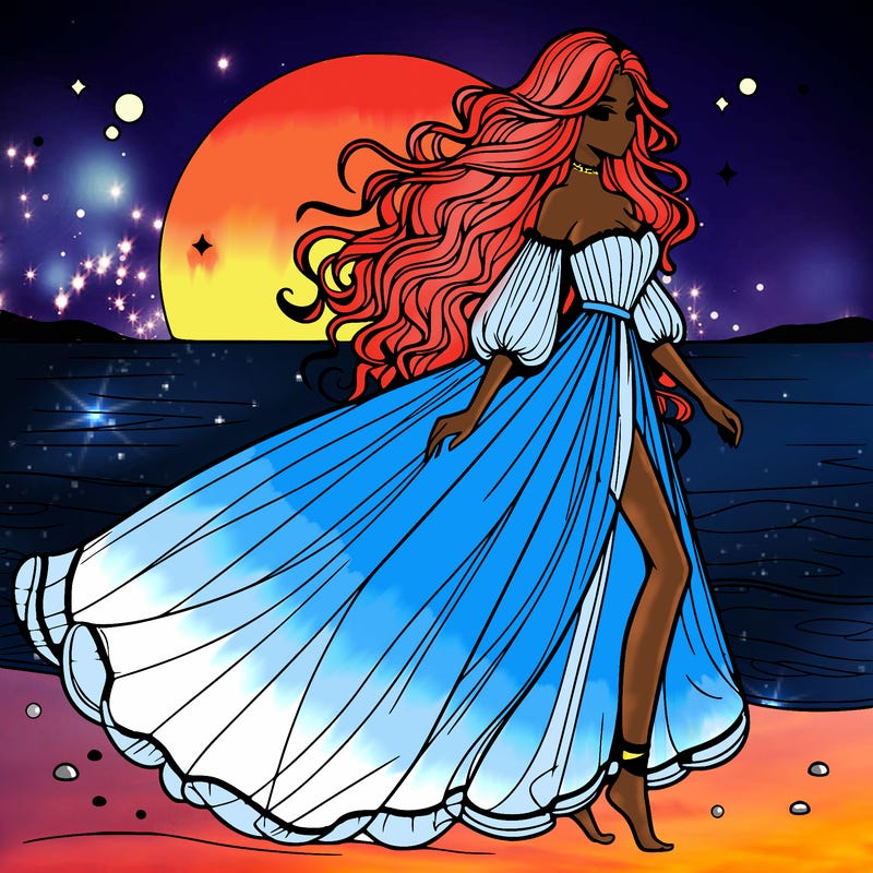 beautiful woman with a vaporous long dress walking on the beach at the noon, detailed art