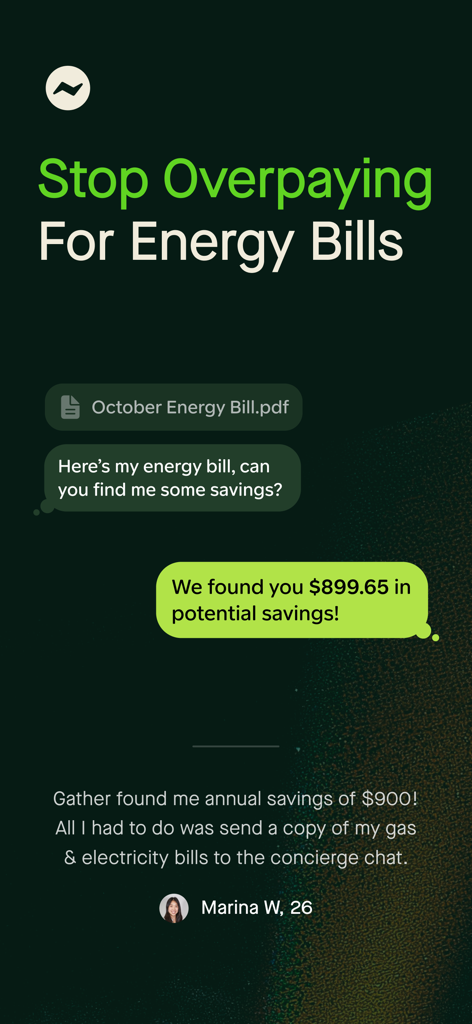 Gather - Interface do aplicativo Gather mostrando economia na conta de energia via chat de concierge