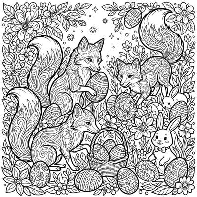 Unleash your creativity with this enchanting Easter coloring page featuring mischievous red foxes and adorable bunnies amidst a bounty of decorated eggs and spring blossoms. This intricate design offers a delightful challenge, perfect for teens and those who love detailed artistry.