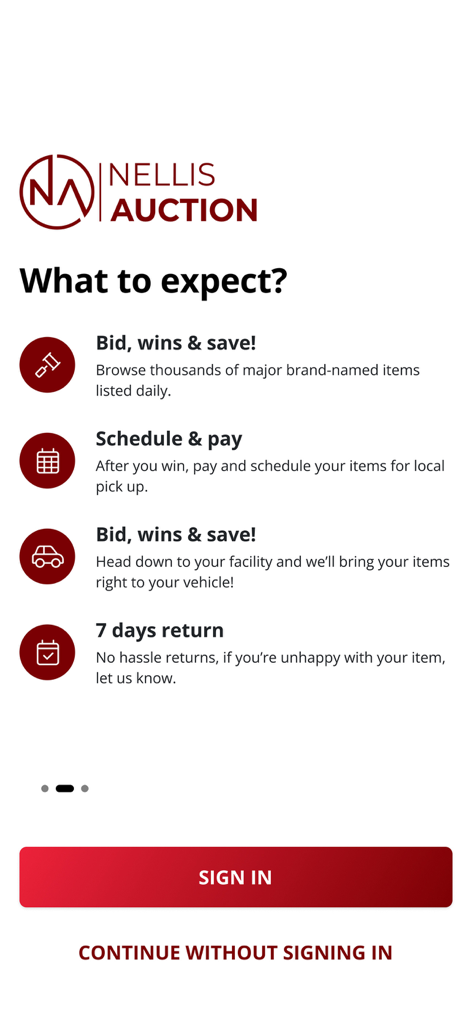 Pantalla de incorporación de la aplicación Nellis Auction que muestra las características clave, incluida la puja, la programación de recogidas, el servicio de recogida en tienda y la política de devolución de 7 días.