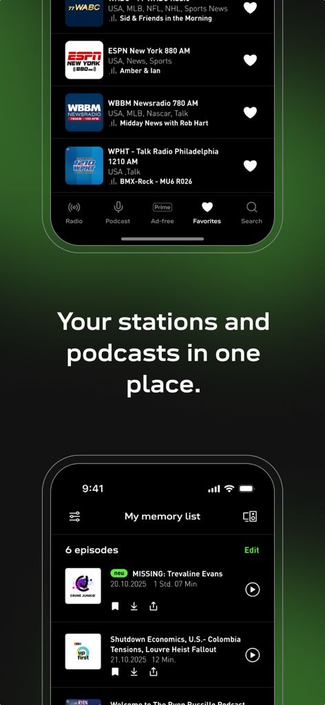 radio.net - AM FM Radio Tuner - The radio.net app interface displaying a list of favorite radio stations and a memory list of podcasts.
