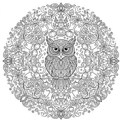 Unfold a world of mystery and delight with this captivating Owl Mandala Halloween coloring page. It masterfully blends the wisdom of the owl with the playful spookiness of Halloween.