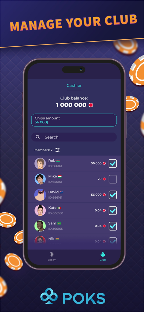 POKS Poker - POKS Poker app cashier screen for managing club members and chip balances