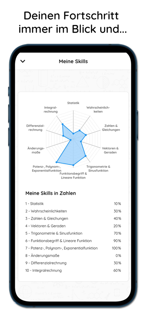 Miranda - Mathe-Nachhilfe - Captura de tela do aplicativo de reforço de matemática Miranda mostrando um gráfico de radar de progresso de habilidades e detalhamento percentual para vários tópicos matemáticos