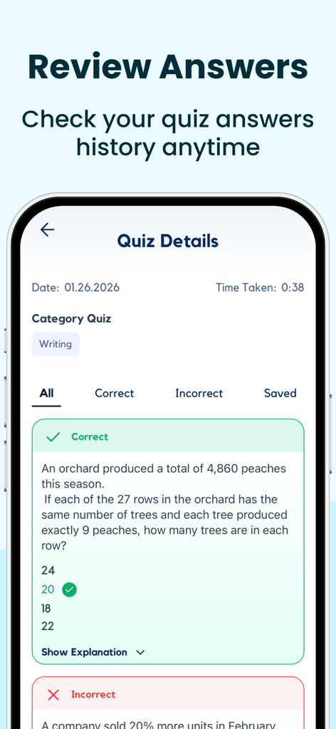 Interface do aplicativo de preparação para o exame SAT mostrando histórico de quizzes e revisões de respostas