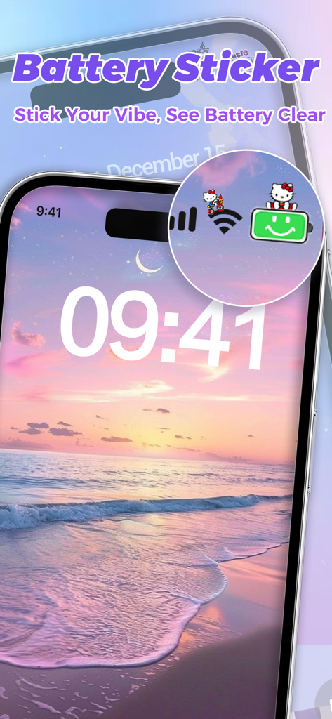 Dynamic Dash - Widget & Theme - 일몰 해변 배경화면을 배경으로 배터리 및 Wi-Fi 아이콘 위에 귀여운 스티커가 있는 iPhone 상태 표시줄