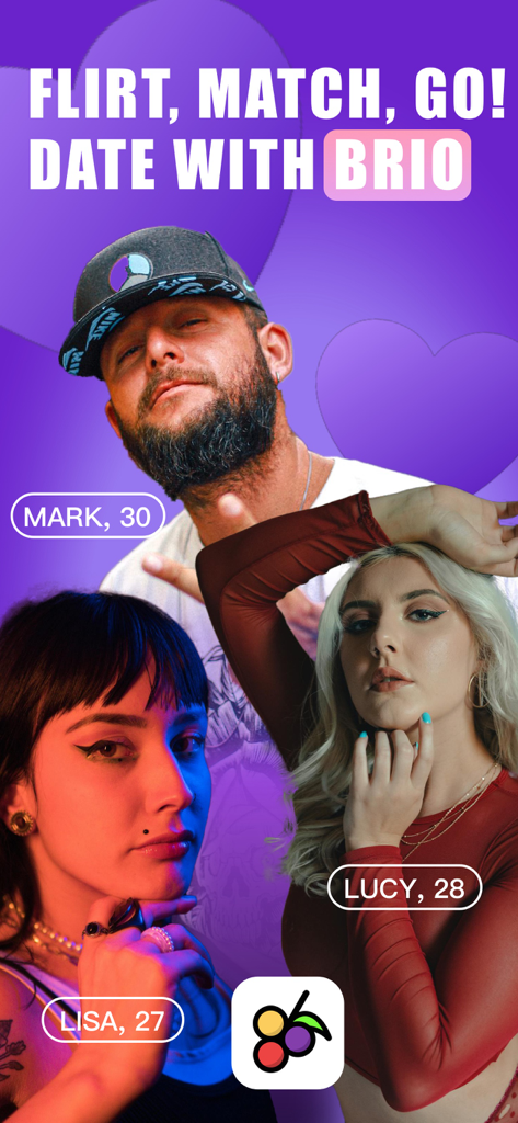 Casual Swinger Dating App-BRIO - Pantalla de marketing para la aplicación de citas BRIO con tres perfiles de usuario y el lema Flirt Match Go