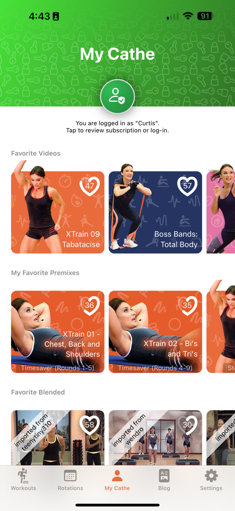 Cathe OnDemand - Cathe OnDemand app dashboard displaying favorite exercise videos and workout premixes for a personalized fitness experience