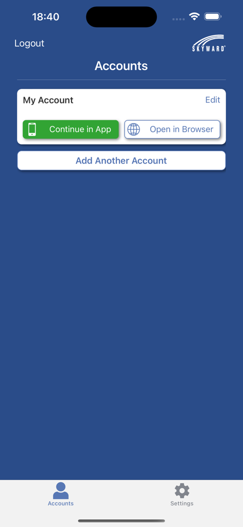 Skyward Mobile Access - Skyward Mobile Access app account screen showing options to continue in app or open in browser.