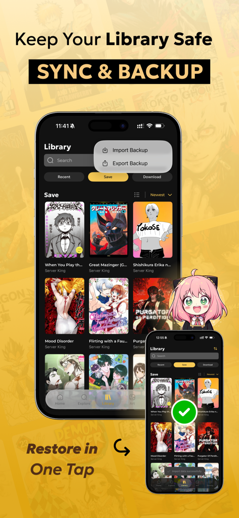 Aplicativo Manga Reader King mostrando opções de sincronização na nuvem e backup para uma biblioteca pessoal de mangá