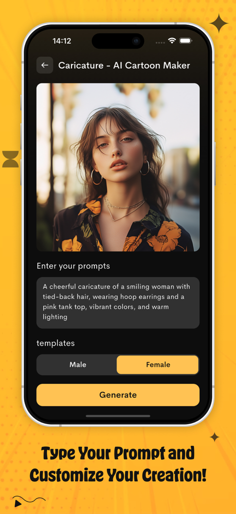 写真からカスタム似顔絵を作成するためのAIプロンプトを入力するユーザーインターフェース