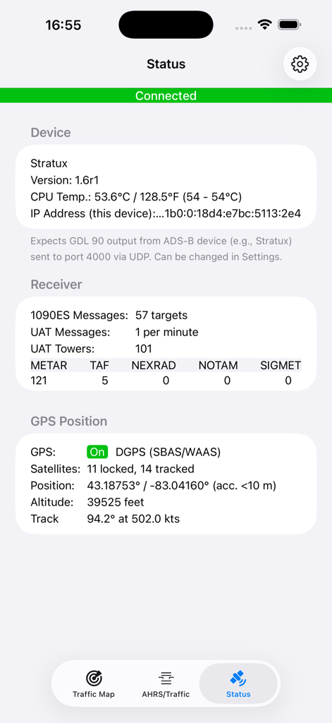 AeroADSB - AeroADSB status dashboard showing connected Stratux receiver and GPS data