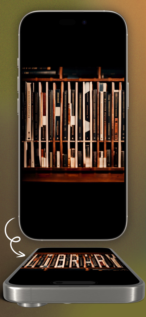 Demostración de una revelación de palabra oculta anamórfica en una imagen de estantería cuando se inclina el teléfono.