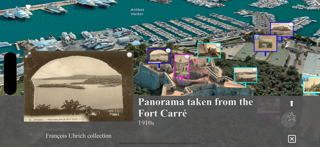Antibes back in time - Panorama storico di Fort Carre degli anni '10 sovrapposto a una mappa 3D del porto di Antibes.