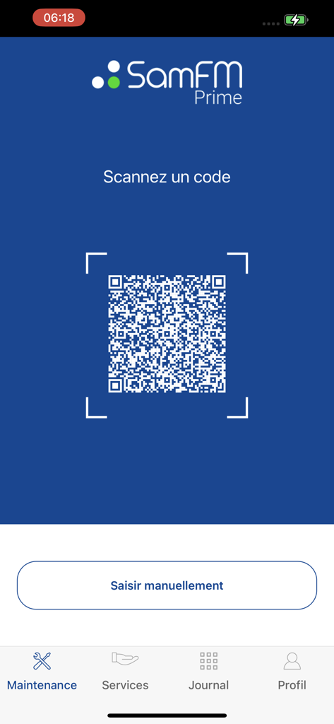 SamFM Smart Request - SamFM Smart Request mobile app interface showing a QR code scanner for reporting maintenance issues in a corporate facility