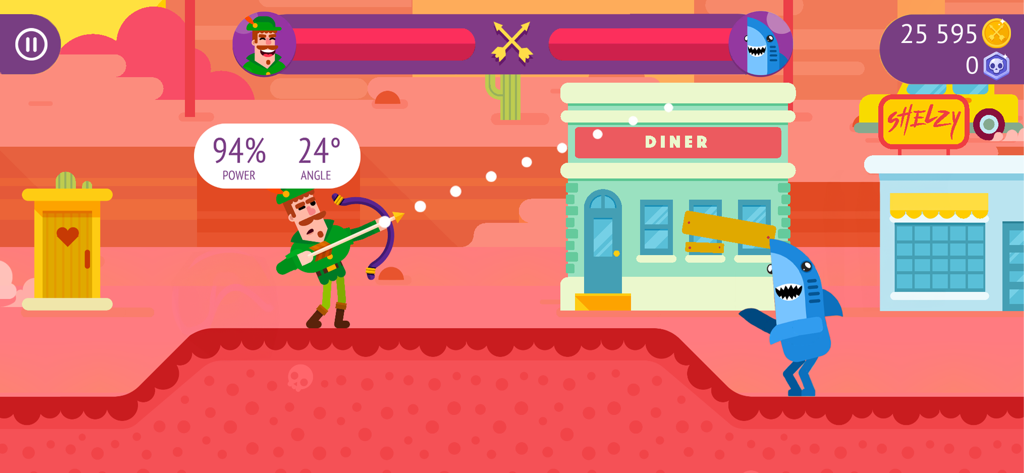 Jugabilidad de Bowmasters que muestra a un personaje apuntando con un arco a un tiburón oponente