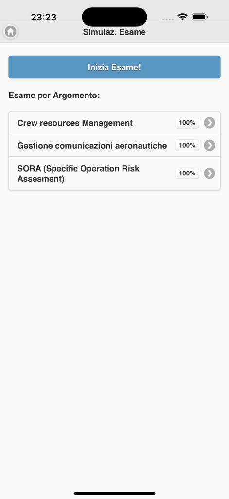 Quiz STS-01 Droni - Exam simulation screen showing study topics and progress for drone pilot certification