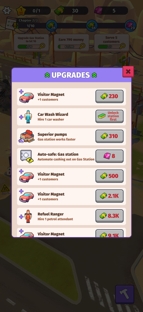 In-game menu showing various upgrades for the gas station like Visitor Magnet and Car Wash Wizard with their respective costs.