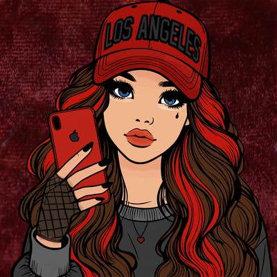 realistic beautiful girl wearing los ángeles cap holding an iphone
