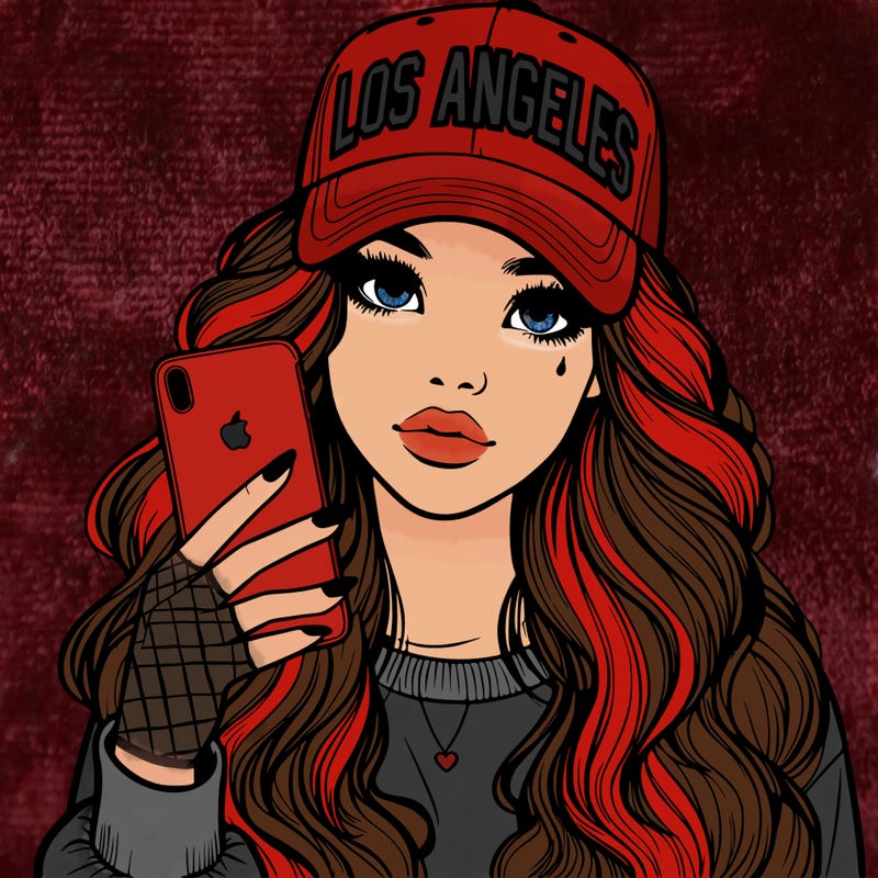 realistic beautiful girl wearing los ángeles cap holding an iphone