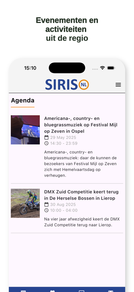 SIRIS - SIRIS app agenda screen displaying a list of local events and activities in the Asten and Someren region