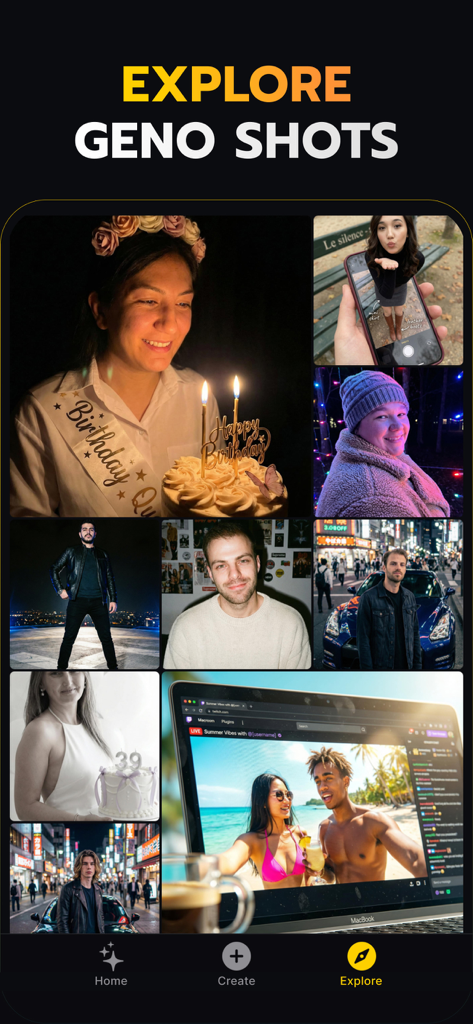 Geno: Trend AI Photo Face Swap - A gallery of diverse AI-generated photos and user creations on the Explore screen of the Geno app.