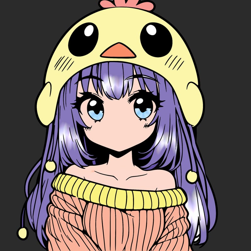 anime girl with chick shaped hat with sweater with bare shoulders with bangs covering them one eye with low tail