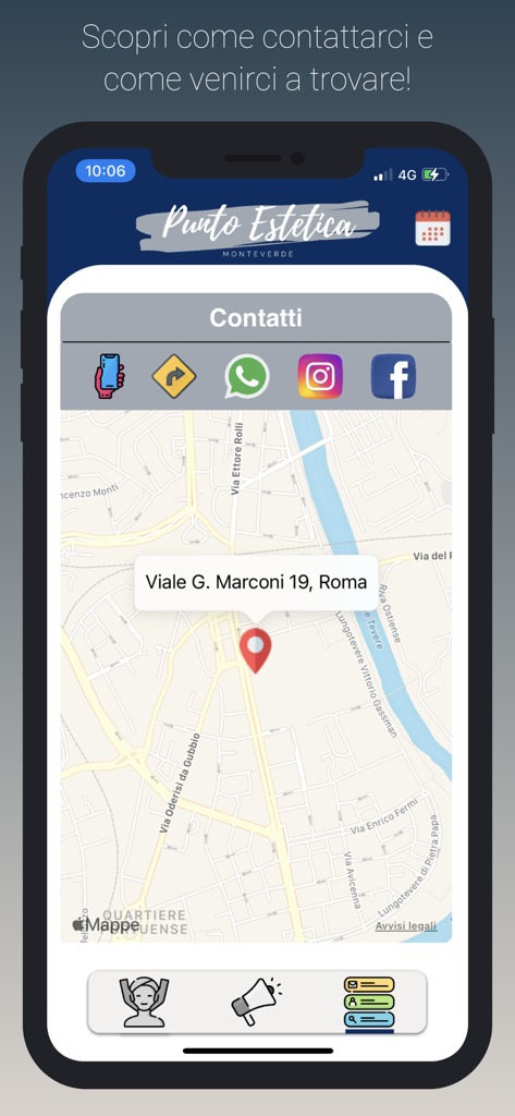 Punto Estetica Monteverde - 場所の地図とソーシャルメディアリンクを特徴とする、Punto Estetica Monteverdeアプリの連絡先ページ