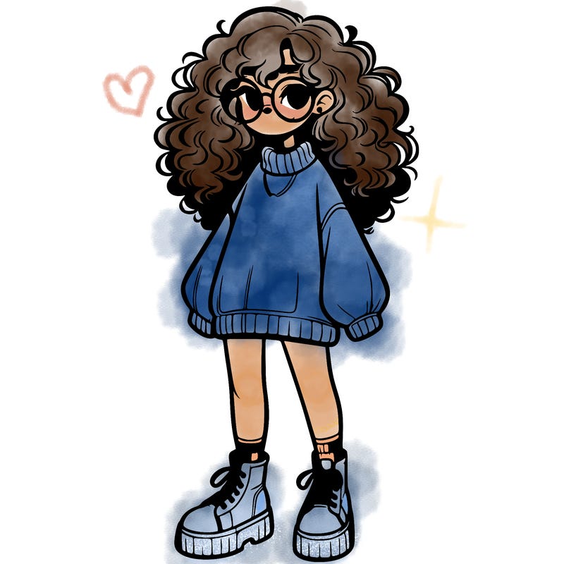a realistic girl with curly hair in a oversized sweater with glasses and platform sneakers