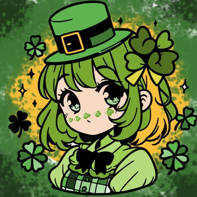 a manga-style girl with clovers around her, a little hat in her hair, like it's saint patrick's day