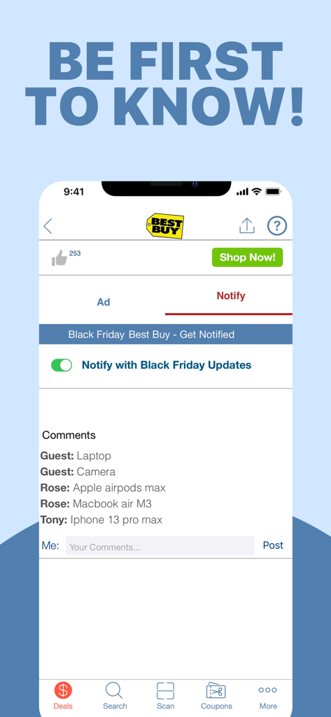 Best Buyの通知トグルと、コメントセクションにMacBookやiPhoneなどのリクエスト製品リストが表示されているCyber Mondayアプリのスクリーンショット。