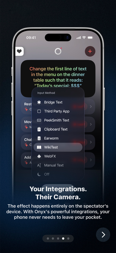 Onyx Magic - Interfaz de la aplicación Onyx Magic que muestra opciones de integración para varios métodos de entrada de magia digital en un iPhone