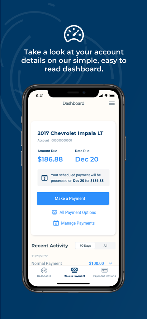 Bridgecrest app dashboard displaying car loan payment amount and due date for a Chevrolet Impala