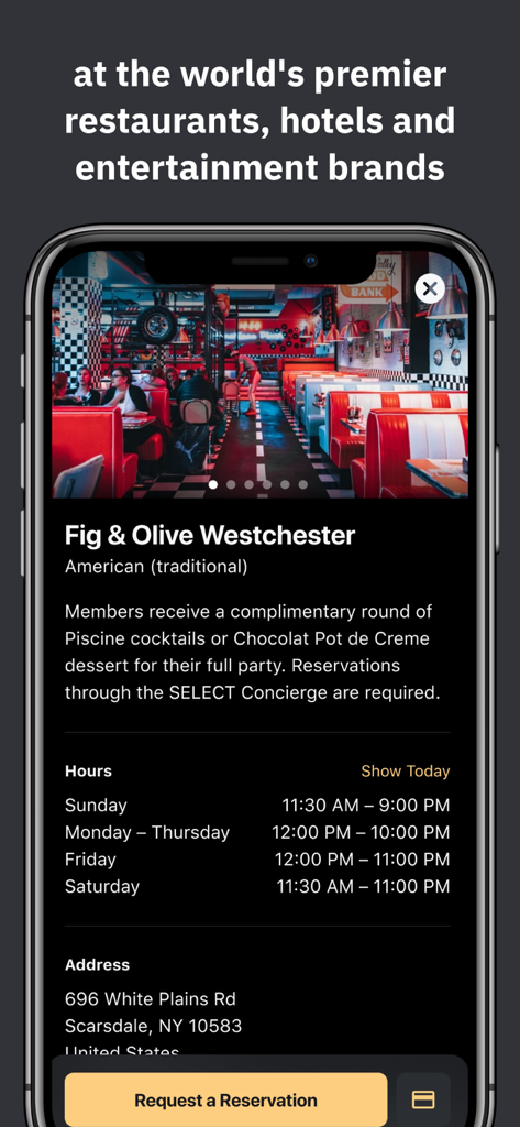 Mobile screen of SELECT Card app displaying exclusive dining perks and reservation options for a premier restaurant