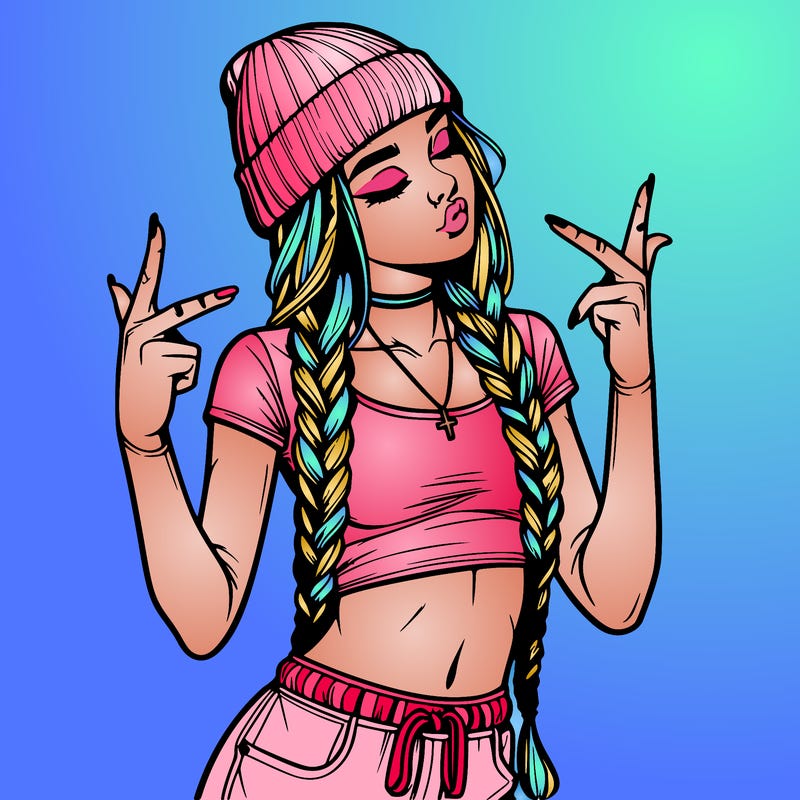 realistic teenage girl with braids and a beanie and crop top doing 🫶🏼