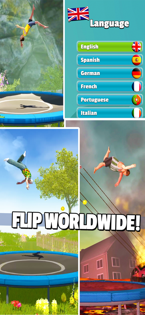 Collage of Flip Master gameplay showing characters performing trampoline flips in diverse locations and the language selection menu.