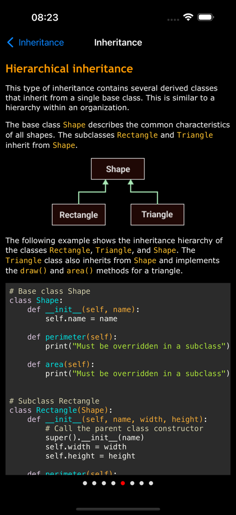 Python Programming Pro - Interface do aplicativo Python mostrando uma aula sobre herança hierárquica com um diagrama de classes e exemplos de código
