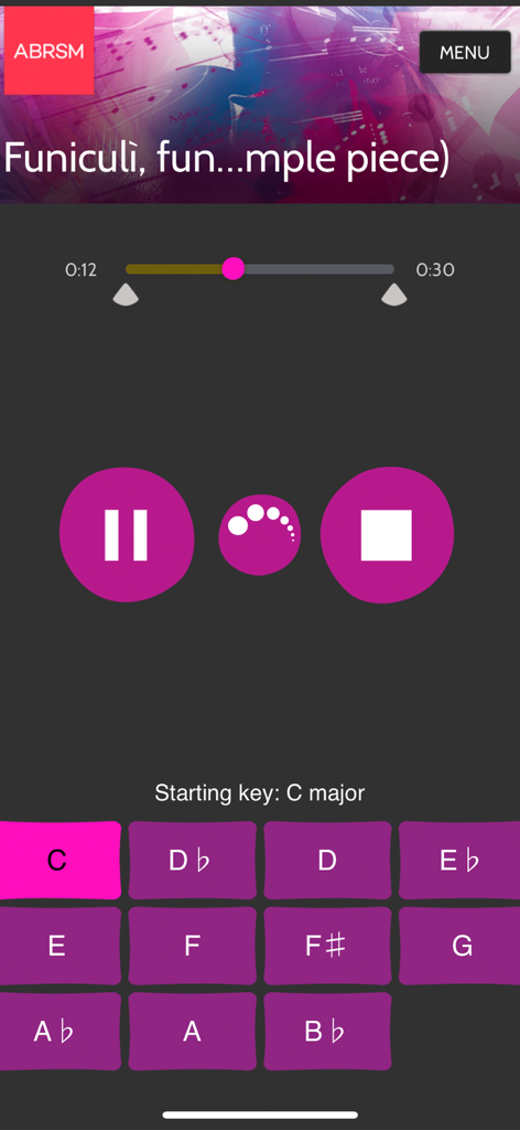 ABRSM Singing Practice Partner - The ABRSM Singing Practice Partner app playback screen showing audio controls and musical key options for a song.