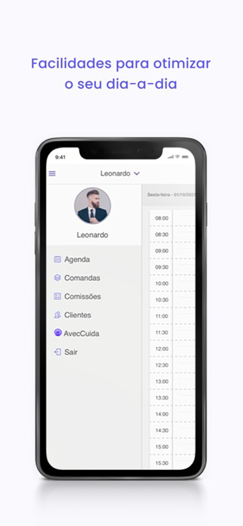 Tela de smartphone mostrando o painel do aplicativo Avec Pro com a agenda diária e opções de menu profissional