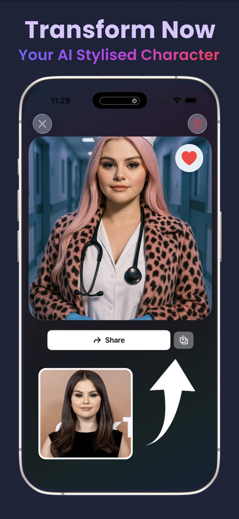 Capture d'écran de l'application montrant une photo transformée en personnage stylisé par IA avec des cheveux roses et un manteau imprimé léopard.