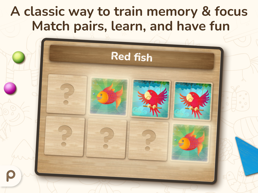 A memory matching game interface for children showing wooden cards with fish and parrots to train focus and memory