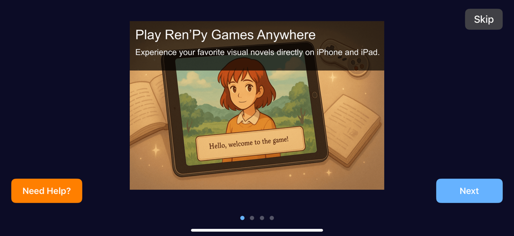 Renpy 7 Pocket - Pantalla de incorporación para Renpy 7 Pocket que muestra un personaje de novela visual en una tableta con el texto Juega juegos de RenPy en cualquier lugar