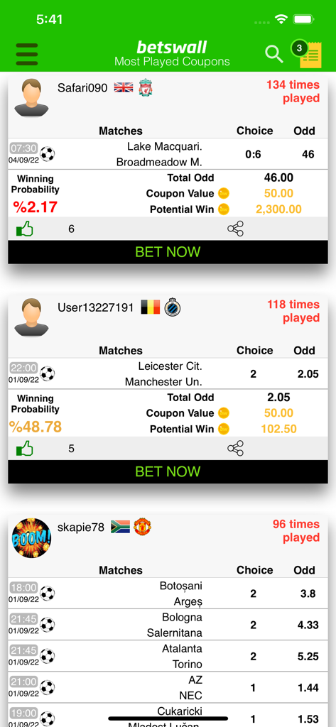 BetsWall app interface showing most played virtual betting coupons and user prediction stats