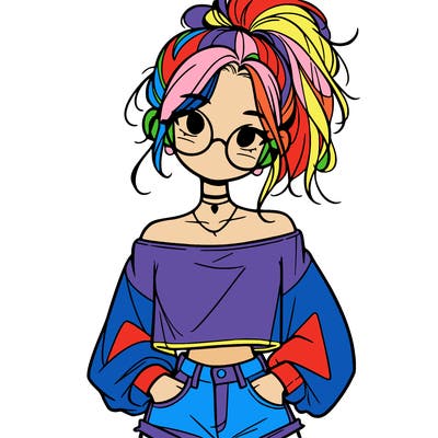 girl with a messy ponytail glasses a baggy crop top and jean shorts