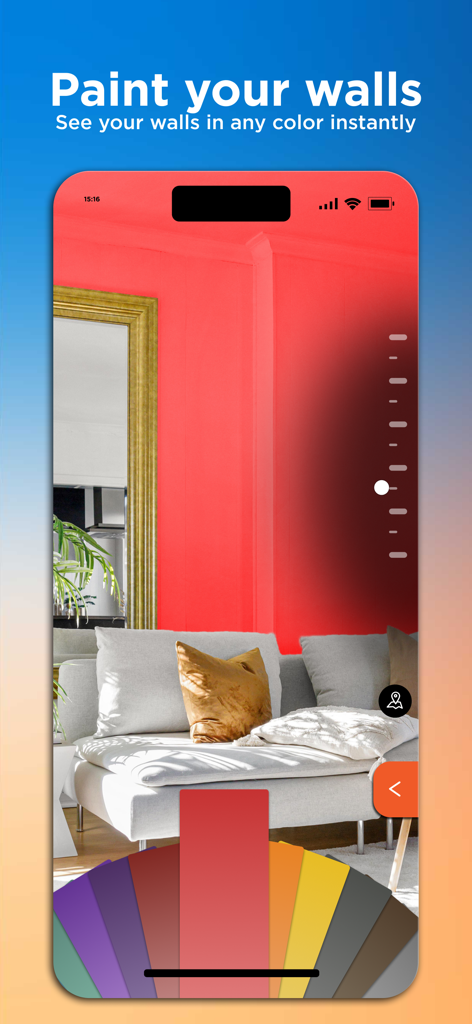 Fable - Paint visualizer - Interfaz de la aplicación móvil que muestra la visualización de color de pared en realidad aumentada en tiempo real en una pared de sala de estar