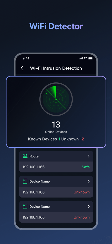 Speed Test - WiFi Analyzer + - Interface de la fonctionnalité de détection d'intrusion WiFi montrant un scan radar pour les appareils inconnus sur le réseau