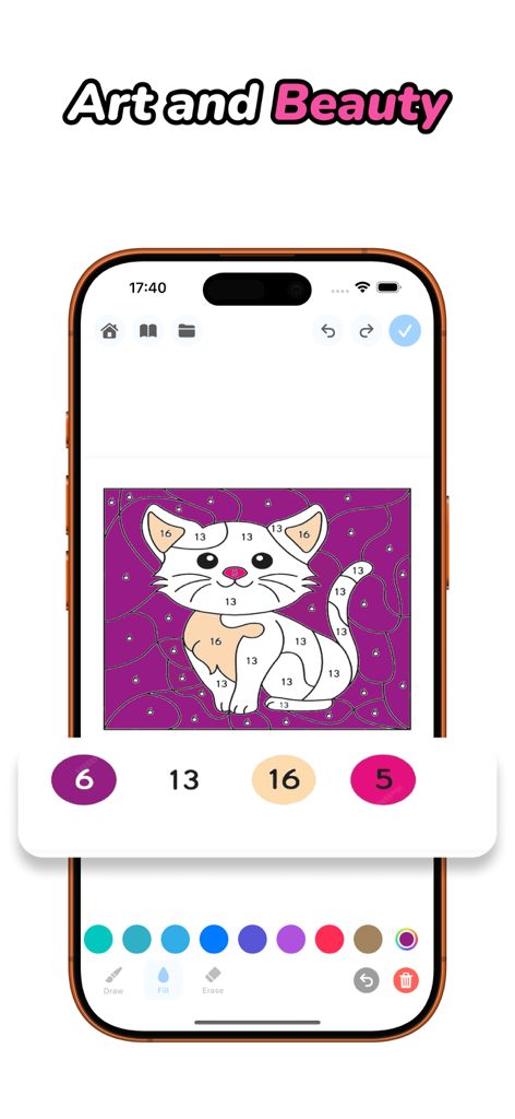 Doodle Together: Draw & Color - Mobile app interface showing a color by number activity with a cute kitten illustration
