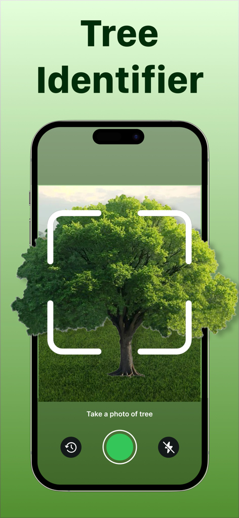 Tree Identifier: Tree id - Una pantalla de smartphone mostrando la aplicación Tree Identifier escaneando un árbol verde frondoso con su función de cámara IA